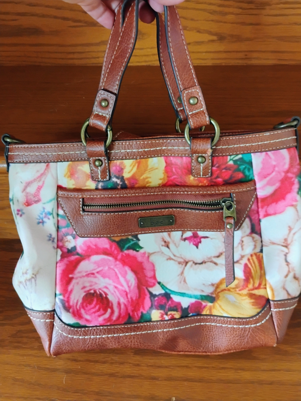b.o.c. Brown Faux Leather Floral Canvas Hobo with Pink & Yellow Roses